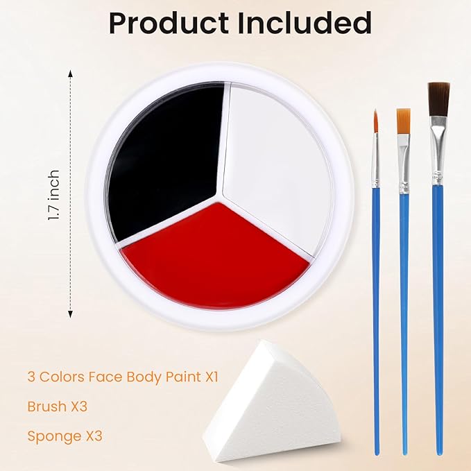 3 Colors Face Body Paint + 3pcs Sponge + 3pcs Brush, 【Full Coverage】【Skin Friendly】【Long Lasting】, Professional Paint Makeup Product For Halloween/Masquerade/Cosplay/Movie Makeup, Black+White+Red