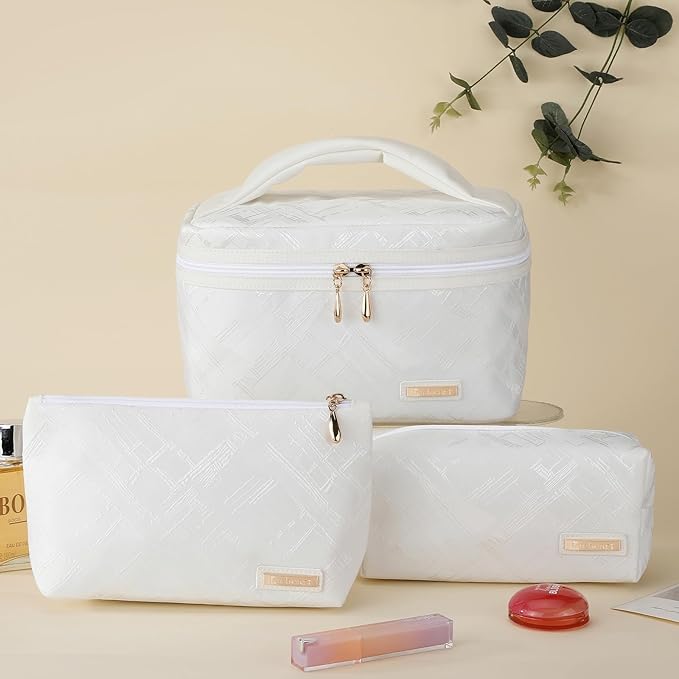 Richeart 3PC Makeup Bag Set, Cationic Jacquard Large Cosmetic Organizer, Back-Coated Solvent-Free Travel Toiletry Bag for Women - White