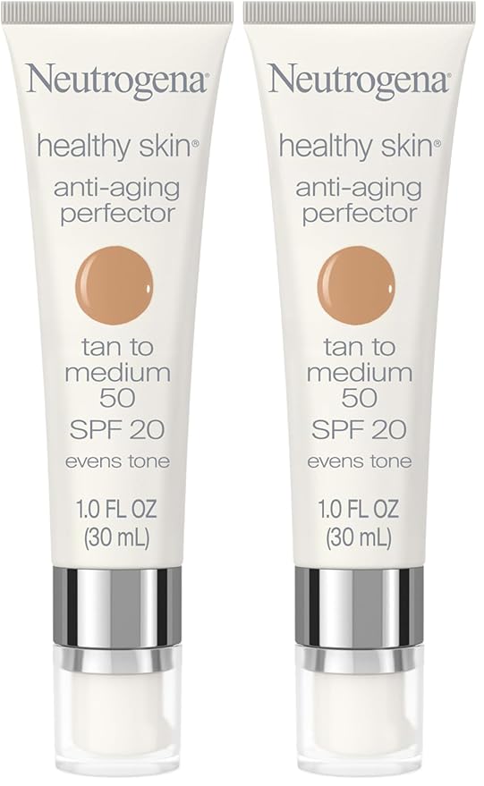 Neutrogena Healthy Skin Anti-Aging Perfector Tinted Facial Moisturizer and Retinol Treatment with Broad Spectrum SPF 20 Sunscreen with Titanium Dioxide, 50 Tan to Medium, 1 fl. oz (Pack of 2)