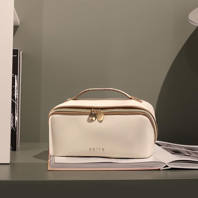 Prite Makeup Bag for Women Travel Waterproof Vegan Leather Cosmetic Bag Open Flat Toiletry Bag With Clear Divider and Handle (Large Beige)