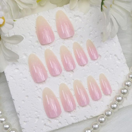 Press on Nails Almond Medium Light Yellow Pink Gradient Fake Nails with Dots Designs Glossy Nails Press ons Acrylic Nail Cute Winter Stick on Nail for Women 24 Pcs