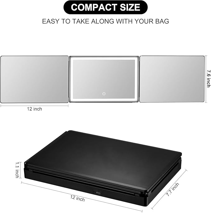 Vanexiss Rechargeable 3 Way Mirror for Hair Cutting, Real Glass Adjustable Trifold Mirror with 3 Color Temps LED Light & Telescoping Hooks for Makeup, Shaving & Styling