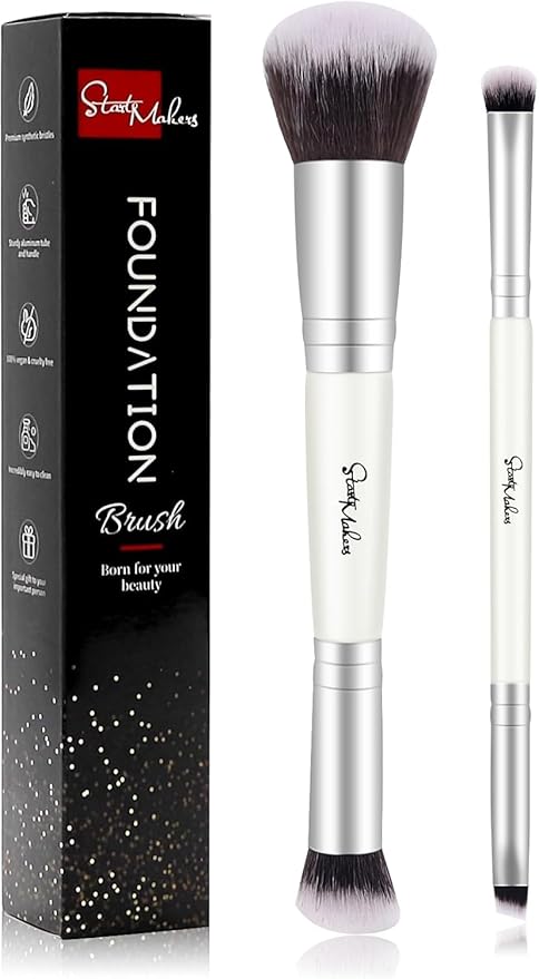 START MAKERS 2-in-1 Makeup Brushes Dual-ended Contouring Foundation Brush 2 Pack Concealer Brush Face Eyebrow Eyeshadow Brush for Liquid, Powder, Buffing, Blending (White)