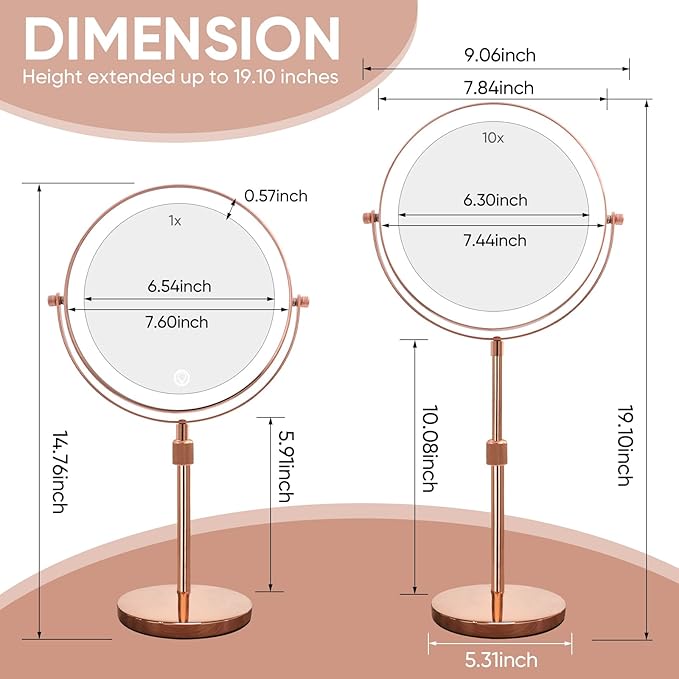 Nicesail LED Makeup Mirror 10X Magnification, 8 Inch Light Magnifying Mirror with 3 Color Light, Height Adjustable Brightness Vanity Mirror with Stand, 360 Rotation Double Sided for Make up, Rose Gold