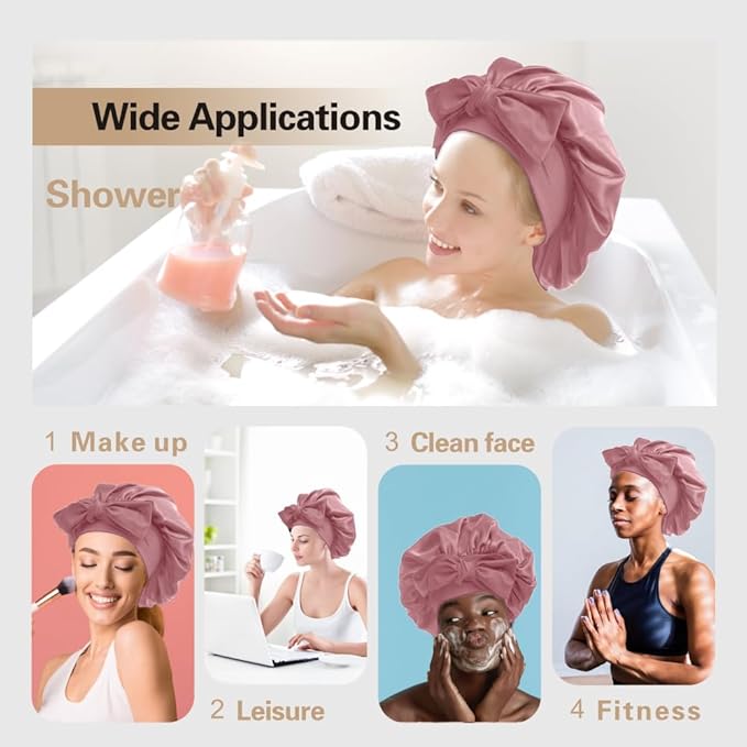 Silk Bonnet for Sleeping Women, Ajustable Hair Bonnet for Curly Hair with Tie Band Shower Caps Crimson，Large