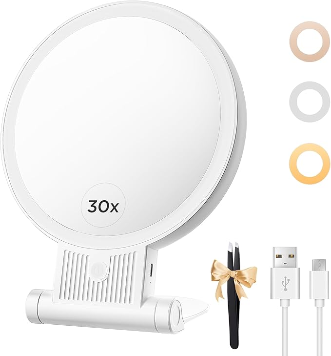 1X/30X Lighted Makeup Mirror with Magnification, Double-Sided Switch, 3-Color Lights, 2000mAh Rechargeable, Adjustable Brightness, Makeup Mirror with Lights for Vanity Table or Bathroom