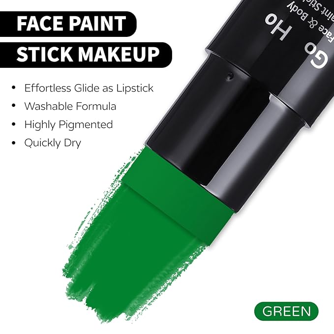 Go Ho Dark Green Face Body Paint Stick,Water Based Washable Green Face Paint Stick,Full-coverage Cream Green Body Paint for Halloween Cosplay SFX Witch Hulk Makeup,St Patricks Day Accessories