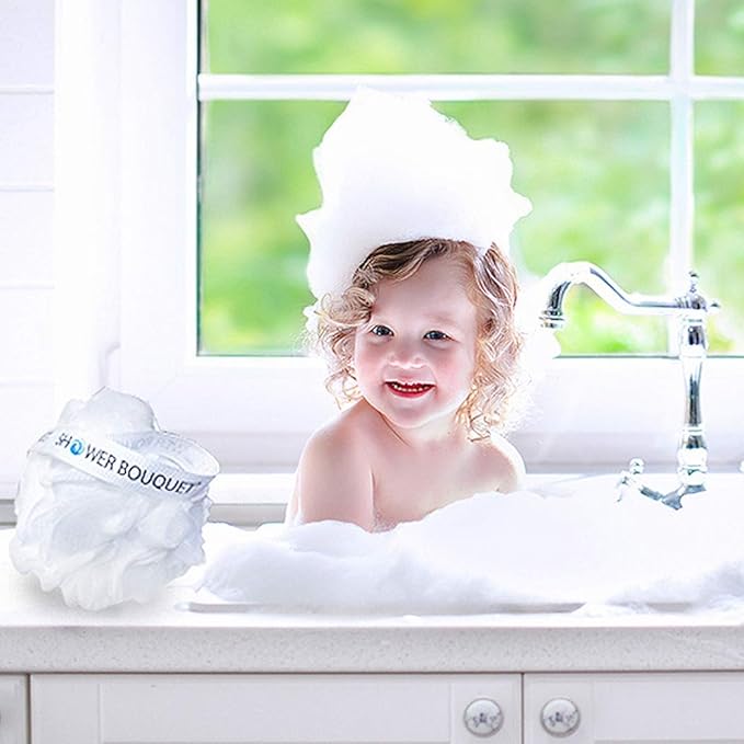 SHOWER BOUQUET Loofah Soft-White-Cloud XL Bath-Sponge 4-Pack // Extra Large 75g Mesh Loofa Lufa Pouf Set for Men and Women - Exfoliate with Big Gentle Cleanse Scrubber in Beauty Bathing Accessories