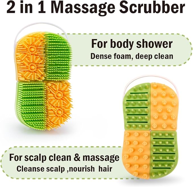 2-in-1 Silicone Body Hair Scrubber Upgraded Bristles Exfoliating Massage Shower Body Scrub Bathing Brush for All Skin No Slip Ergonomic Handle Exfoliator Silicone Loofah Easy Clean (1pc Green+Yellow)