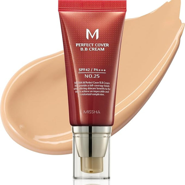 MISSHA M Perfect Cover BB Cream No.25 Warm Beige - Medium with Warm Undertone SPF 42 PA +++ 1.69 Fl Oz - Tinted Moisturizer for face with SPF
