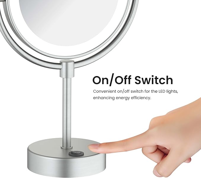 KIBI Circular Lighted Makeup Mirror with LED Lights and Magnification | 360-Degree Swivel with Adjustable Brightness, Dual-Sided Mirror for Desk with 5X Magnification (Brushed Nickel, KMM104)