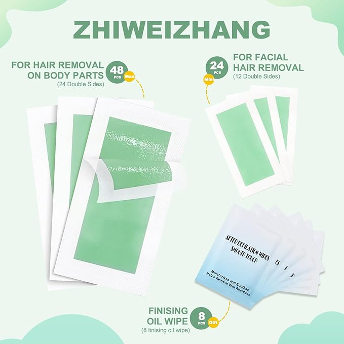 72pcs Wax Strips - Body Waxing Strips, Wax Kit for Women & Men - Brazilian Wax Kit, Back Waxing Kit, All Skin Types, Face, Arms, Legs, Armpits, Bikini, Hypoallergenic Odourless, Green