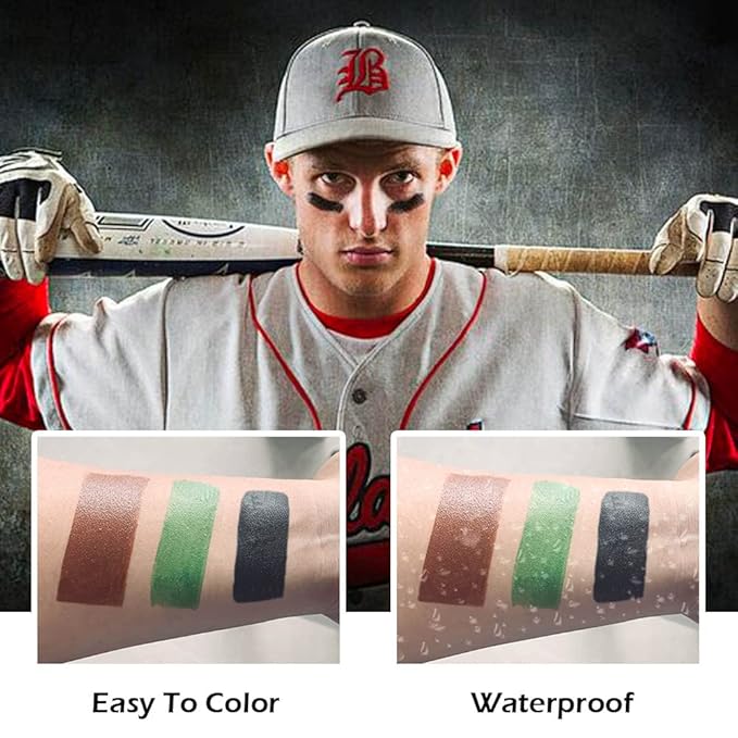 Kaely 3Pcs Face Paint Stick, Baseball Football Softball Eye Black Stick for Outdoor Sports, Black Brown Green Camo Face Body Paint Kit, Easy to Color, Halloween Birthday Party Clown Makeup Sets