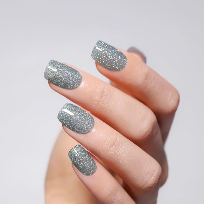 Glitter Gel Polish, Grey Iridescent Sparkle Shimmer for Summer Rainbow Manicure - Soak off LED UV Gel for Nail Art DIY - 15ML