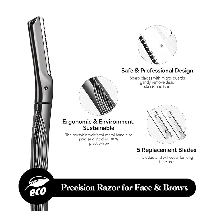 Eyebrow Razor, Face Razors for Women and Men, Reusable Metal Handle with 6 Refill Blades, Eyebrow Trimmer with Precision Cover, Dermaplane Razor, Skin Care Tool - Black