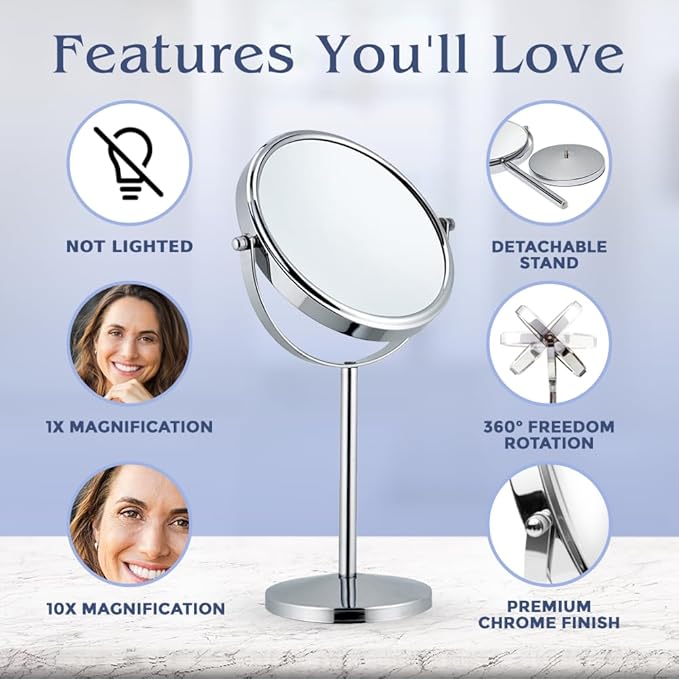 10X Magnifying Makeup Mirror on Round Stand for Tabletop, Bedroom Vanity Desk and Bathroom Counter - Free Standing Double Sided 10X/1X Magnification Mirror - 7" Wide and 14" Tall (Chrome)