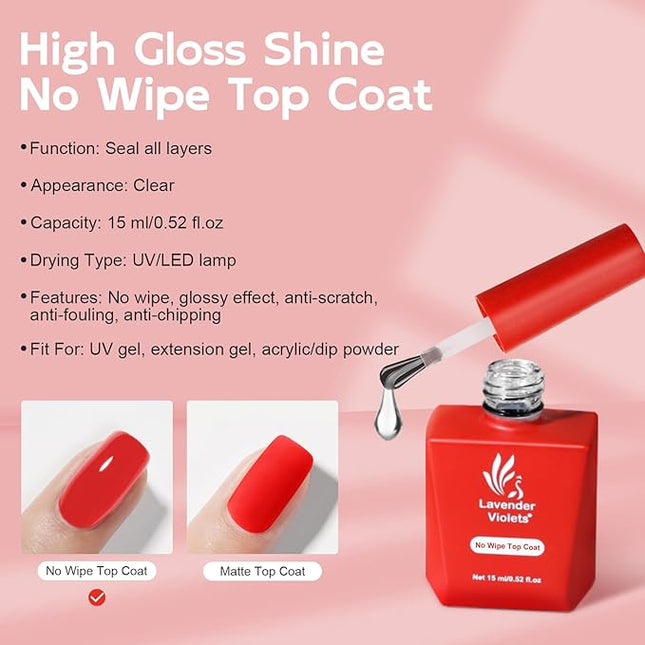 Lavender Violets 15ml Gel Polish No Wipe Top Coat - Clear Color Top Coat Gel Nail Polish Shine Finish and Long Lasting, Soak Off Nail Lamp, Gift for Girls A102