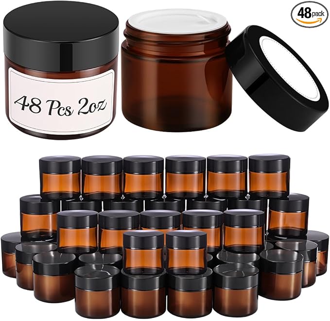2 oz Small Glass Jars with Lids, Bumobum 48 pack Round Amber Glass Candle Jars with Black Lids, White Labels & Inner Liners, Empty Cosmetic Containers for Cream, Lotion, Slime