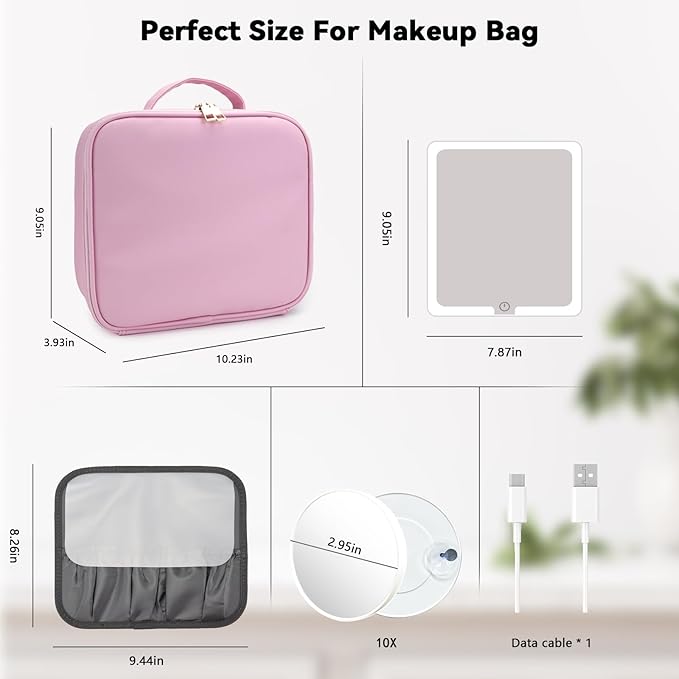 Travel Makeup Bag with LED Mirror and 10x magnifying glass with 3 Lighted Settings, Adjustable Dividers and Makeup Brush Storage Bag Light Pink