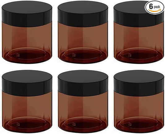 12 oz Amber Plastic Cosmetic Jars Leak Proof Container with Black Lid for Cream, Lotion, Powder, ointment, Beauty Products etc, 6 Pcs.