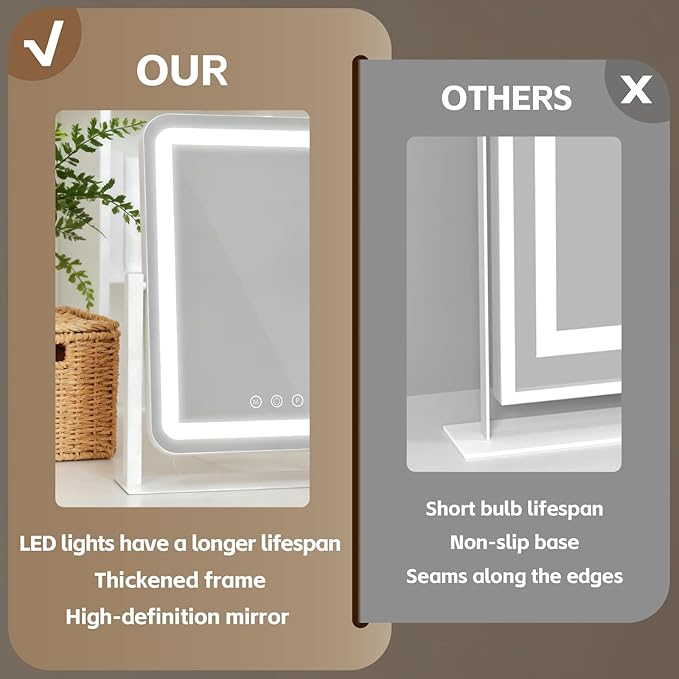 Vanity Mirror with Lights 11x15 Inch, Smart Touch Control, 3 Color Lighting Modes, Table Top Mirror with Stand for Bedroom