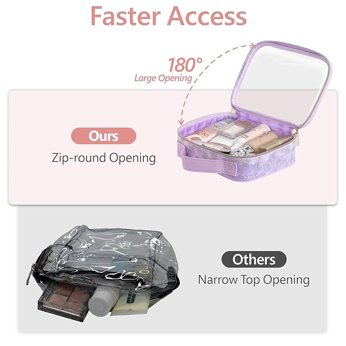 PACKISM Floral Texture TSA Approved Toiletry Bag - 180° Large Opening Clear Makeup Bags with Handle, Easily Access, Clear Travel Bags for Toiletries TSA Approved, Thick 0.5 mm, Purple
