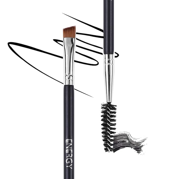 ENERGY Precision Dual-Sided Eyebrow Brush with Spoolie - Vegan Brow Tool for Shaping, Defining, Grooming, Lifting, Applying Brow Wax & Gel - Professional Angled Brush & Eyelash Comb