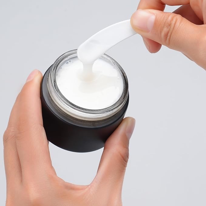 OverNews 48 1oz Black Glass Jar, Empty Cosmetic Lotion Containers,with Inner Liners,Black Lid, Spatula (Black）