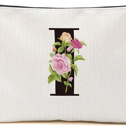 Personalized Makeup Bag, Initial Letter I Makeup Bag for Women Rose Monogram Cosmetic Bags Toiletry Pouch, Monogrammed Gifts for Women Mom Grandma Sister Friends Thanksgiving Christmas Birthday Gift