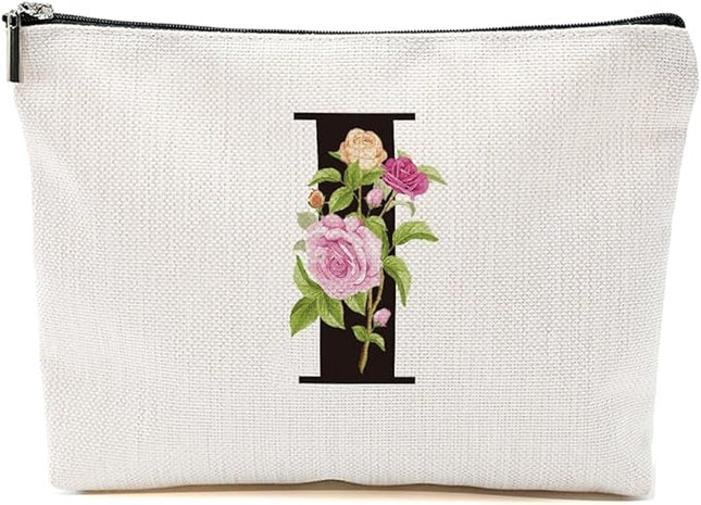 Personalized Makeup Bag, Initial Letter I Makeup Bag for Women Rose Monogram Cosmetic Bags Toiletry Pouch, Monogrammed Gifts for Women Mom Grandma Sister Friends Thanksgiving Christmas Birthday Gift
