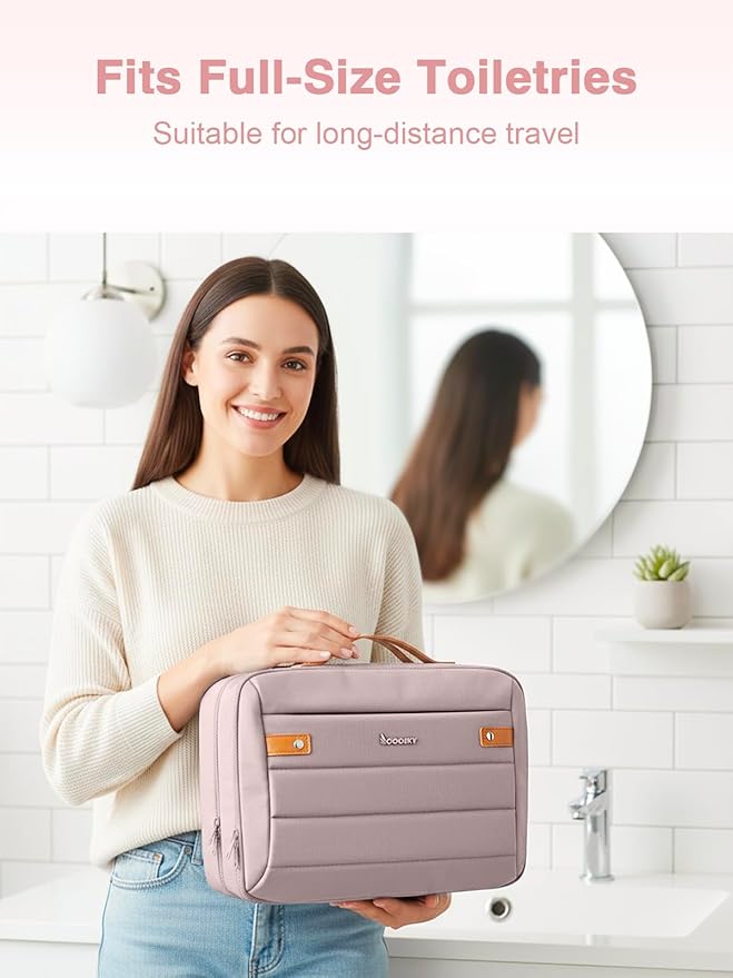 Women's Hanging Toiletry Bag, Waterproof Travel Cosmetic Organizer with Jewelry Storage, Large Capacity Makeup Case for Full-Size Skincare & Bathroom Essentials, Portable Cosmetic kit, Pink