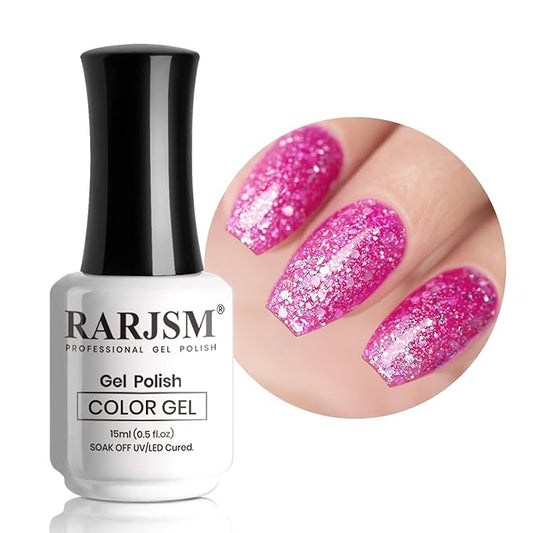 RARJSM Gel Nail Polish Glitter Sparkly Rose Red Chunky Shimmer Iridescent Gelpolish 15ml Holographic Rainbow Effect Soak off L e d U V Curing Required High Pigments for Home Manicure Nail Art