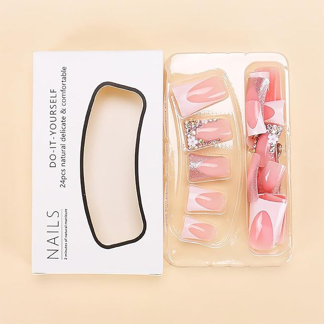 RUOKEXIN Duck Nails Press on Long Press on Nails White French Tip Fake Nails Coffin False Nails with Rhinestones Designs Pink Glue on Nails Glossy Artificial Nails Natural Stick on Nails for Women
