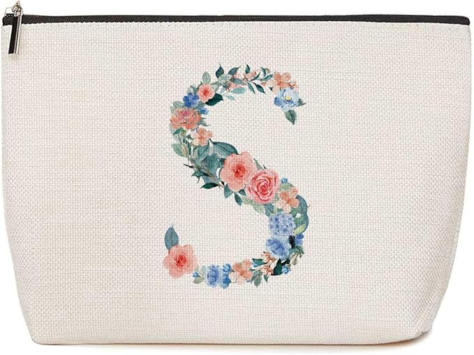 Initial Makeup Bag Monogrammed Travel Toiletry Bag Monogram Cosmetic Bag Birthday Christmas Bridal Shower Bridesmaid Gifts Personalized Gifts for Women Bride Teacher Sisters, Floral Letter S