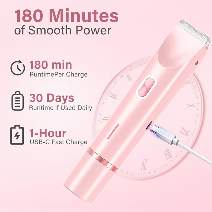 2-in-1 Women's Electric Razor & Bikini Trimmer - Painless Smooth Shave & Gentle Pubic Hair Removal - Dual Ceramic Blades, IPX7 Shower-Proof - Cordless for Sensitive Skin