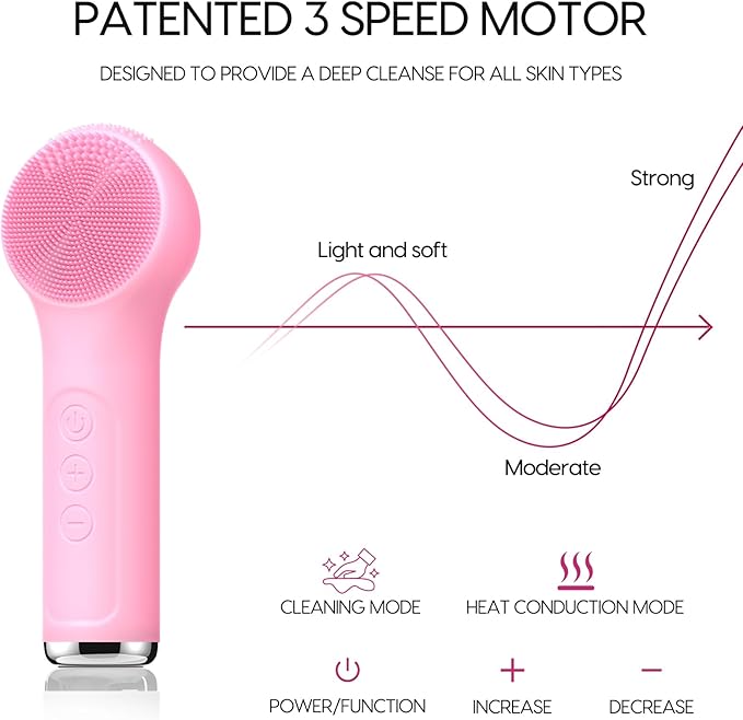 Silicone Facial Cleansing Brush, Portable Electric Face Scrubber with Heat and Vibration, 3 Modes Adjustable, Waterproof IPX6, USB-C Rechargeable, Deep Cleansing, Exfoliating and Massage