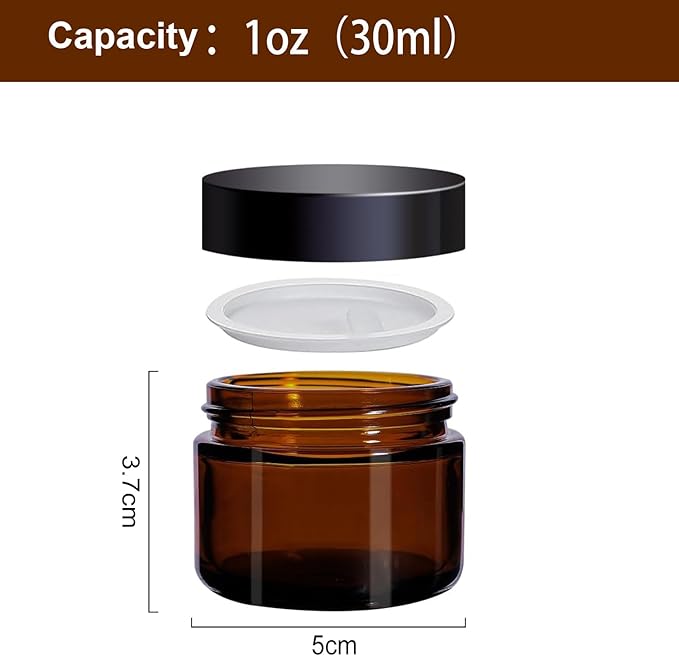 24 Pack 1 oz Round Amber Glass Cosmetic Jars with Lids And Inner Liners, Travel Glass Jars, Refillable Cosmetic Containers for Lotion, Lip Scrub, Makeup, Eyeshadow, Slime, Paint