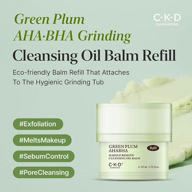 CKD Green Plum AHA·BHA Grinding Cleansing Oil Balm [Refill] - Sherbet Balm Cleanser for Makeup, Sebum & Blackhead Removal. Exfoliating with 4-Acid Complex for All types of Skin.1.75 fl oz