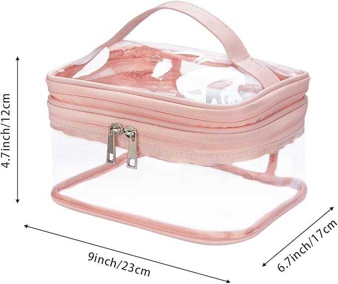 Double Layer Clear Cosmetic Bag Makeup Bag, Waterproof Travel Toiletry Bag, Transparent PVC Hair & Nail Accessories Pouch Beach Bag Organizer (Pink)