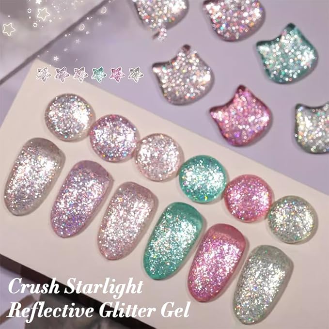 Born Pretty Reflective Glitter Gel Nail Polish, 6 Spring Light Colors Holographic Gel Polish Long Lasting Sparkly Shiny Nail Polish U V Set for Manicure and Nail Art, DIY at Home, Salon-Quality 7ml