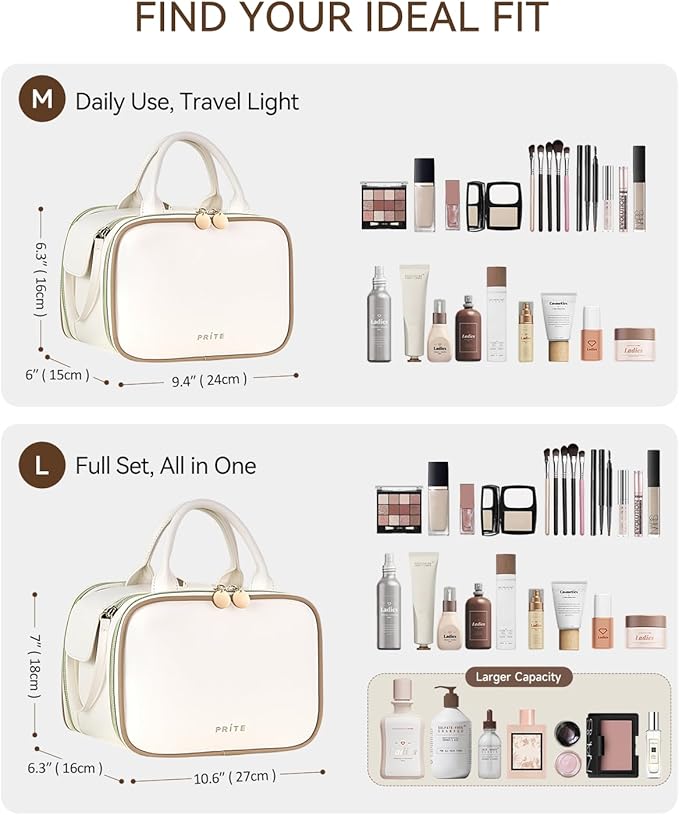 Prite Makeup Bag for Women, Large Capacity Waterproof Travel Cosmetic Organizer, Portable Open Flat Toiletry Bag with Free-standing Brush Holder and Handle(Beige Large)