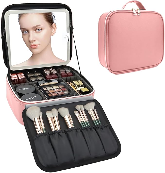 Travel Makeup Bag with LED Mirror Travel Makeup Organizer with 3 Lighted Settings, Adjustable Dividers and Makeup Brush Storage Bag Pink