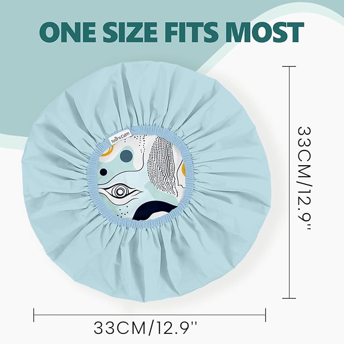 Years Calm Evil Eye Shower Caps for Women Reusable Waterproof, Pattern and Solid Color Dual-Layer Design, Hair Cap for Shower with Elastic Band, Fits Braids, Dreadlocks & Long Hair (Blue)