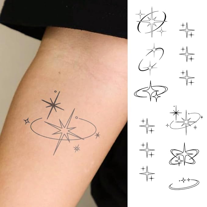Y2K Sparkle Star Temporary Tattoos – 4 Sheets of Twinkle & Orbit Starburst Tattoos for Women, Retro Cosmic Style for Hands, Arms & Neck, Semi-Permanent & Waterproof