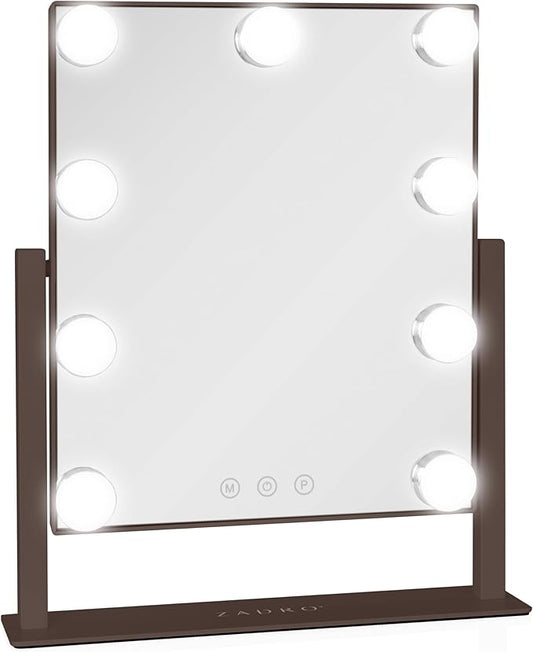 Zadro Hollywood Lighted Vanity Mirror with 9 LED Bulbs, 3 Color Light Settings, 360° Rotation Makeup Mirror Head (14" H x 12" W | 1X | Chocolate)
