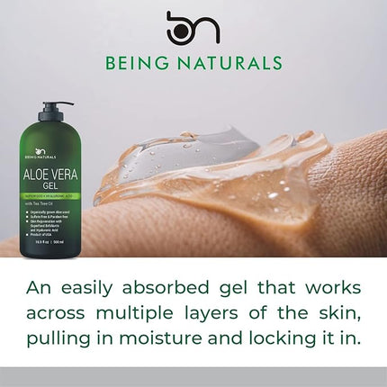 Being Naturals Aloe vera Gel - from 100% Pure Organic Aloe - Natural Raw Moisturizer for Face, Body, Hair. Perfect for Sunburn, Acne, Razor Bumps 16.9 fl oz (Tea Tree, Superfood, Hyaluronic Acid)