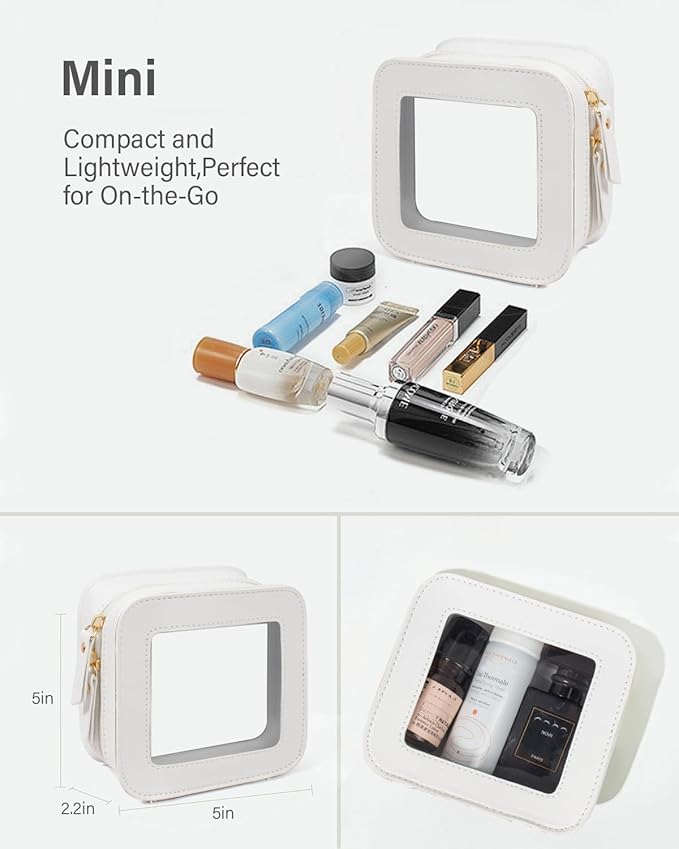 2 Pcs Travel Clear Makeup Bag Set, Clear White Makeup Organizer with Zipper Leather Travel Bags for Toiletries Small Cosmetic Bags for Women Mini Make up Pouch Toiletry Bags Car Essentials