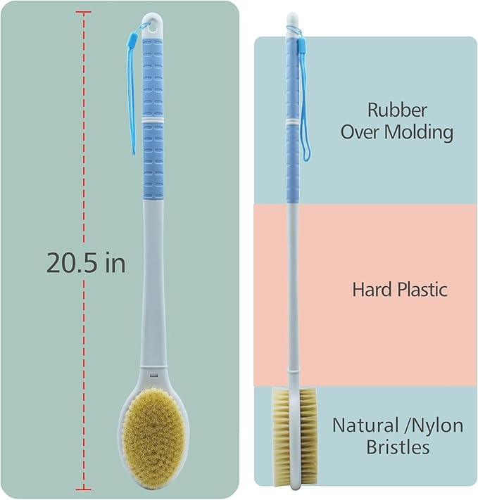 Shower Brush with Soft and Stiff Bristles, 20.5" New Extended Long Handle Back Scrubber Dual-Side Bath Brush Body Exfoliator for Wet or Dry Brushing (Grey Super Long)
