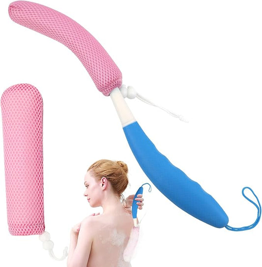 15.35" Back Bath Brush with Sponge,Back Scrubber Bath Mesh with Curved Long Handle Bath Body Brush for Elderly Aid Bathing and Shower