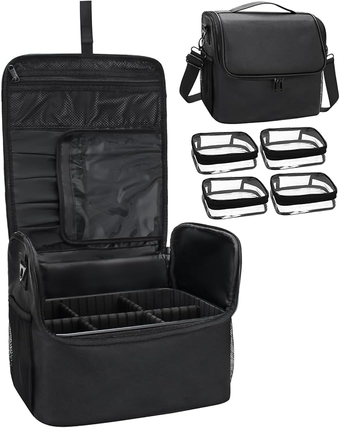 Travel Makeup Case with 4 Small Bag, Professional Makeup Artist Bag Tattoo Case PU Leather Makeup Organizer Box with Adjustable Dividers and Shoulder Strap (Medium, Black)